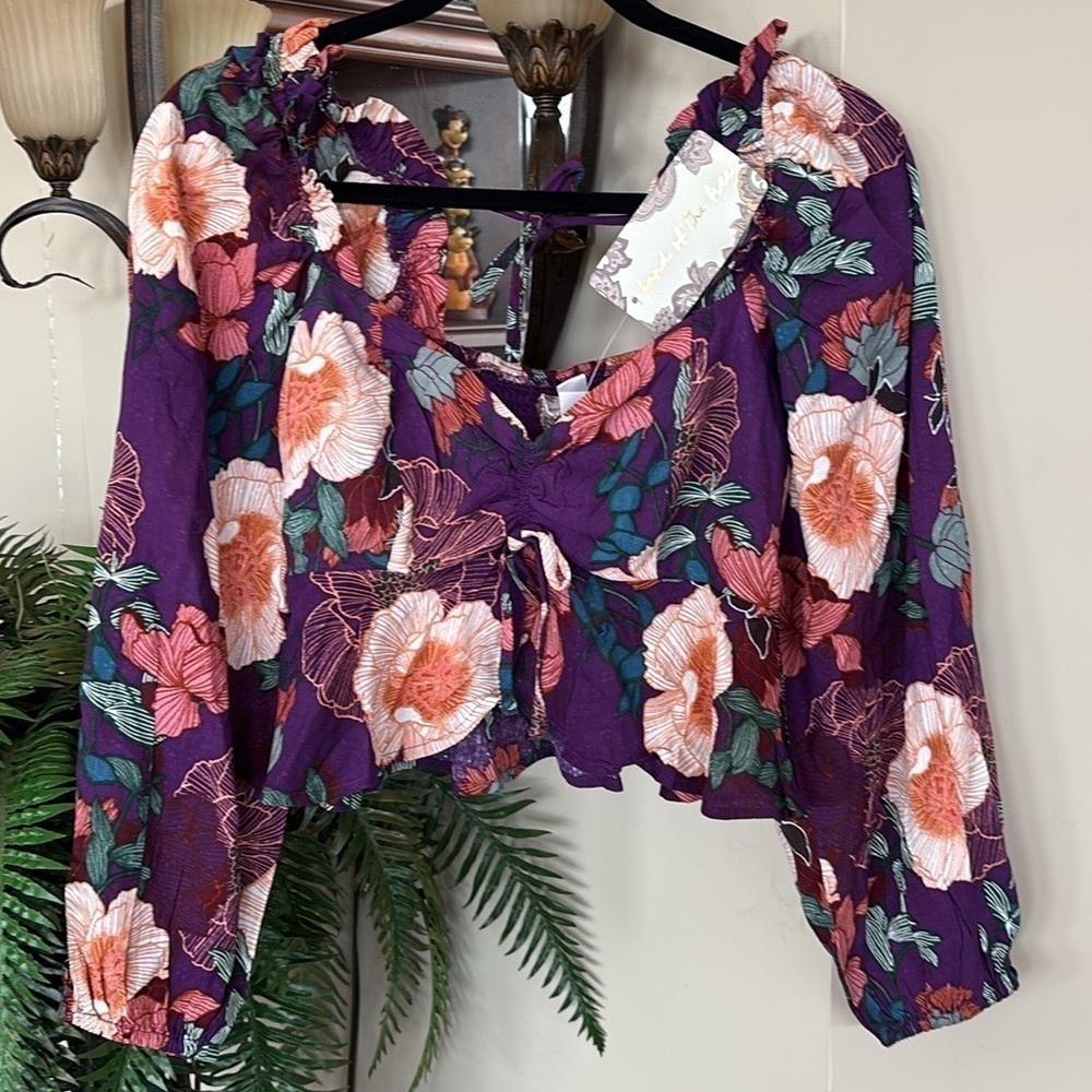 NWT Band of the Free Purple Orange Ivory Floral Crop Top Long Sleeve Blouse